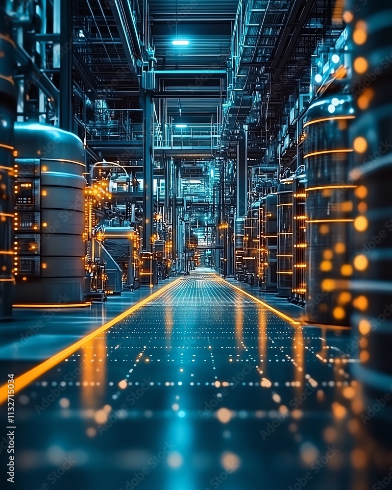 Poster modern industrial space with dynamic network technology, advanced automation, and intelligent connec