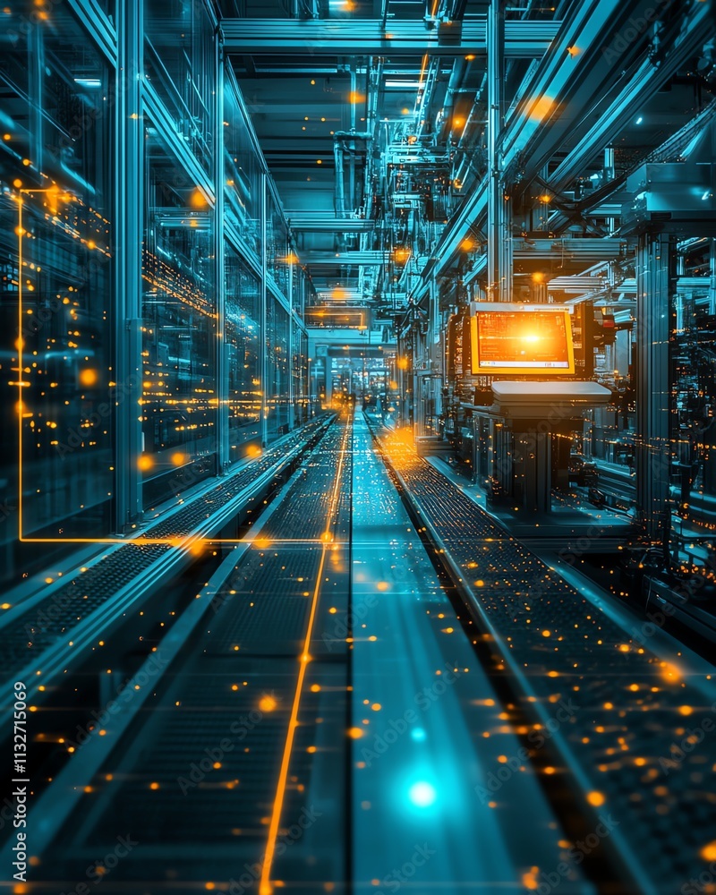 Poster modern industrial space with dynamic network technology, advanced automation, and intelligent connec