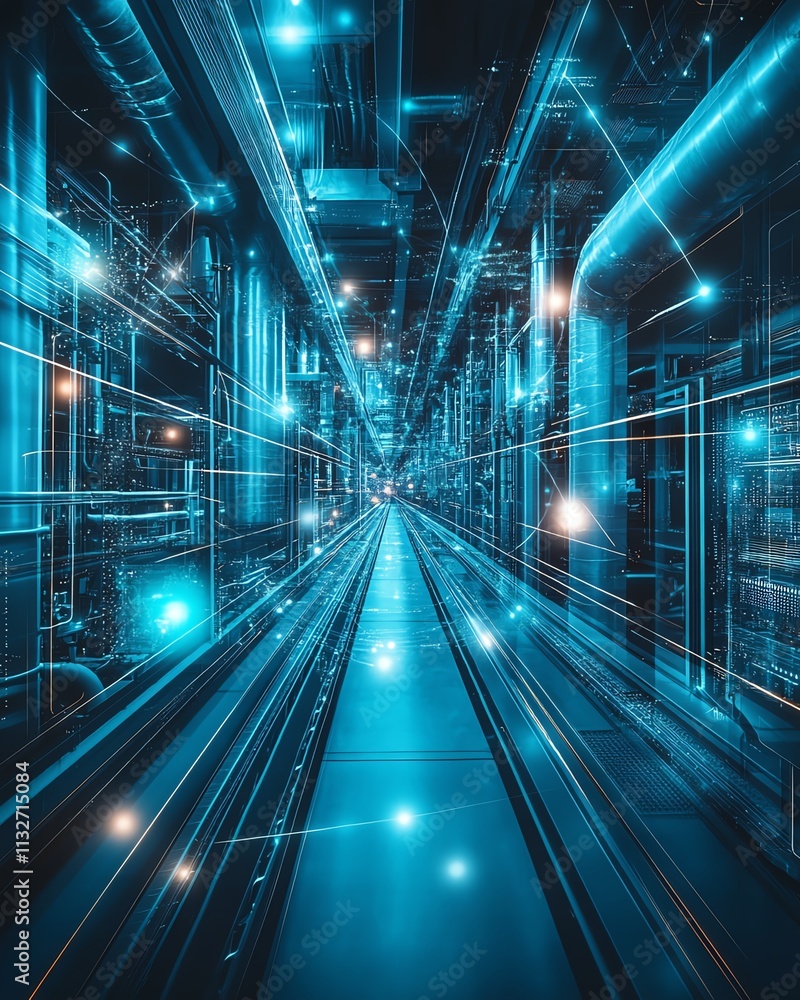Poster modern industrial space with dynamic network technology, advanced automation, and intelligent connec