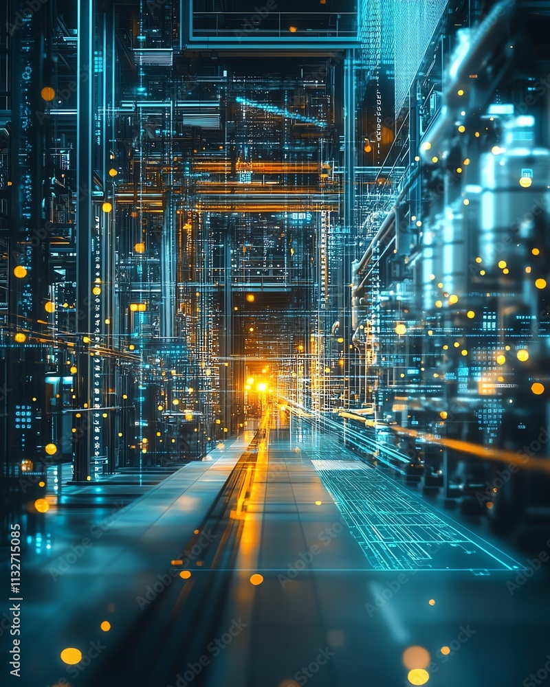 Poster modern industrial space with dynamic network technology, advanced automation, and intelligent connec