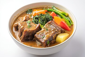 A bowl of Filipino kare-kare with oxtail, vegetables, and a rich peanut sauce.