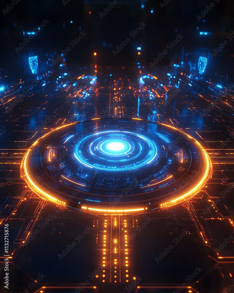 Poster neonlit futuristic digital network with glowing icons symbolizing data exchange
