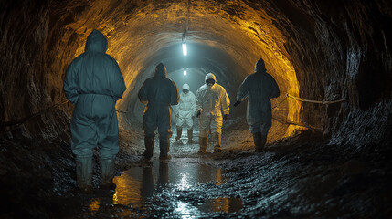 Fototapeta premium Experts collecting bat samples in a cave to test for the Hendra virus.