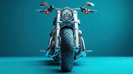 Fototapeta premium Chrome motorcycle front view on blue background. 