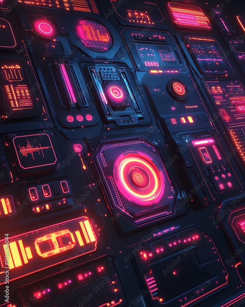Poster neonlit futuristic digital network with glowing icons symbolizing data exchange