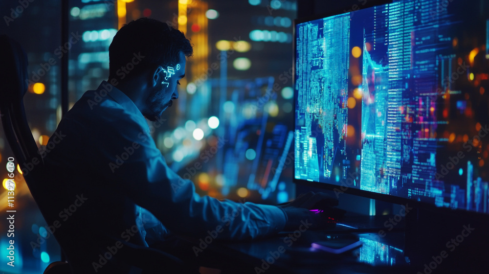 Poster professional user analyzing data on a large screen in a modern office at night