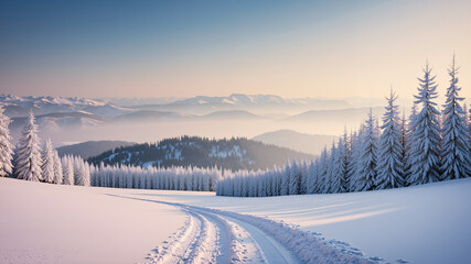Traces of a snowmobile run, winter background and pine forest on a clear day. AI generated.