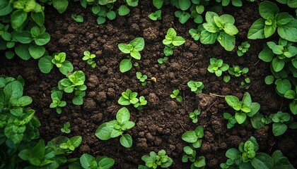 Rich brown soil with green seedlings sprouting, symbolizing growth, renewal, and new beginnings, vibrant leaves, soft natural light, tranquil outdoor setting