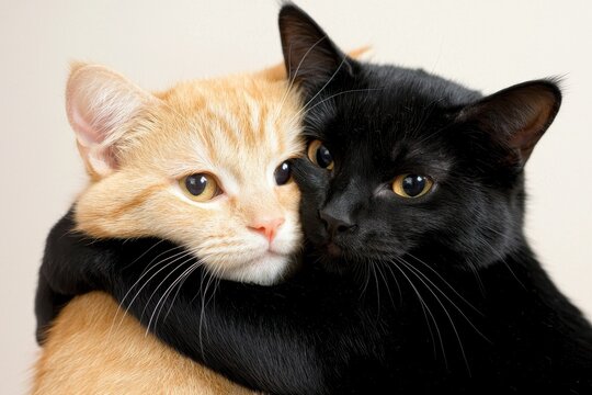 Adorable orange and black cats cuddling in a warm embrace