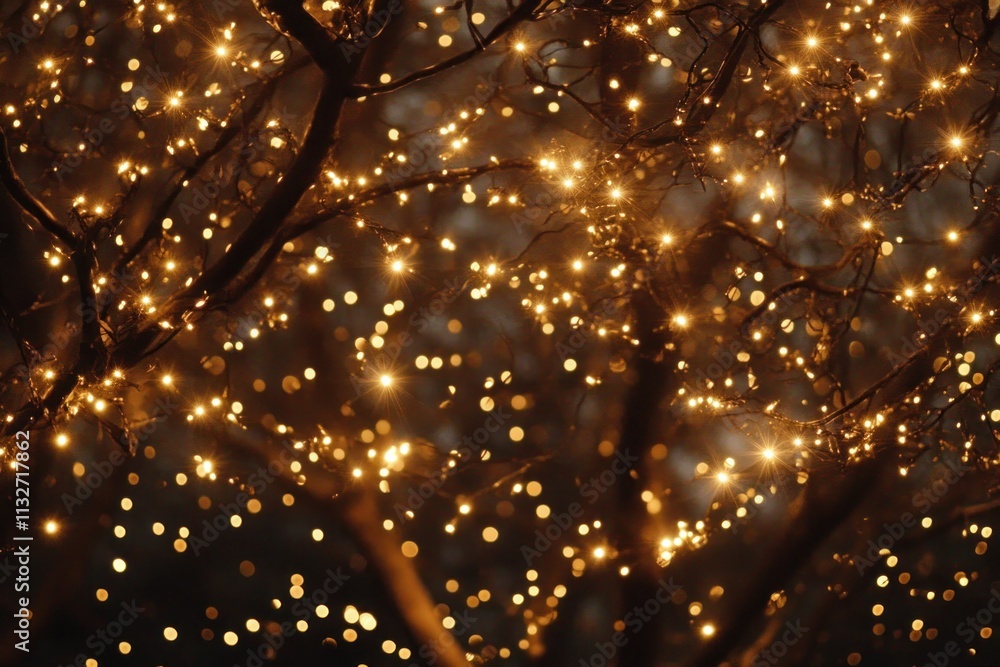 Poster magical glowing lights in a dark forest creating a dreamy atmosphere with warm and soft bokeh effect