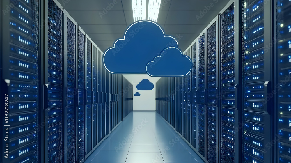 Poster cloud computing data center server room.