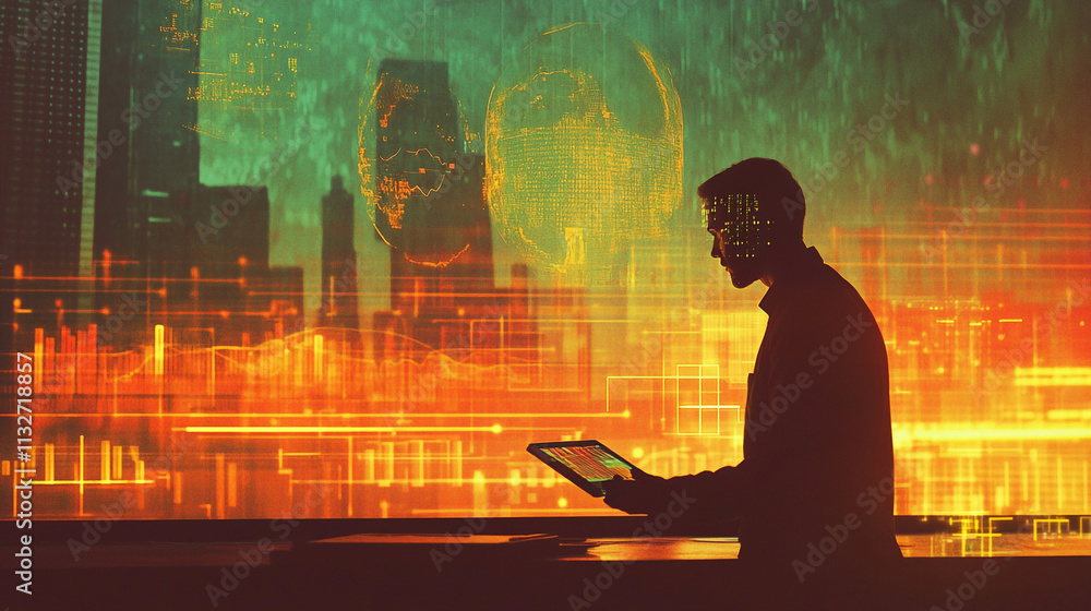 Poster person using tablet in a futuristic setting with digital data overlays at dusk