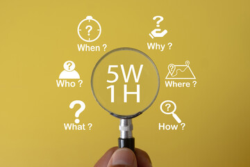 5W1H Infographic under magnifying glass concept for Strategic Business Thinking, Problem...
