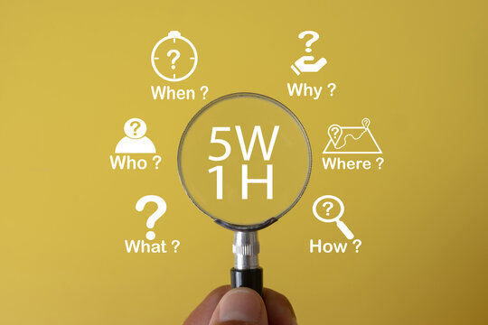 5W1H Infographic under magnifying glass concept for Strategic Business Thinking, Problem Solving,Business Strategy,Business Planning, Strategic Thinking,who what where when why how framework.