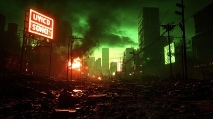 Naklejka premium A dystopian cityscape enveloped in green fog, featuring burning buildings and debris, evoking a sense of desolation and chaos.