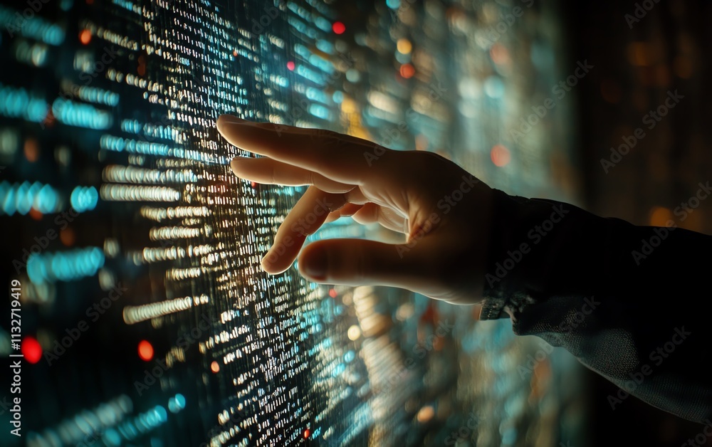 Poster closeup of a hand poised to touch a digital screen with floating data and algorithmic code, embodyin