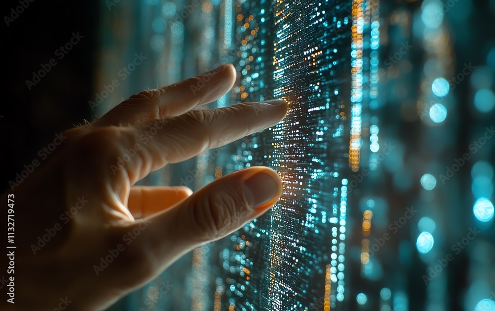 Poster closeup of a hand poised to touch a digital screen with floating data and algorithmic code, embodyin