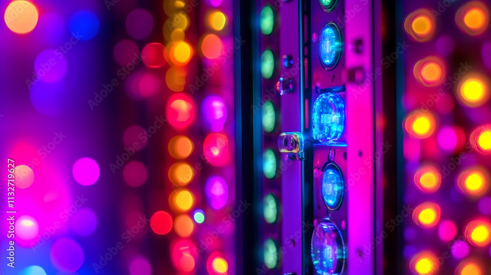 Poster colorful bokeh lights illuminate a control panel with glowing dials.