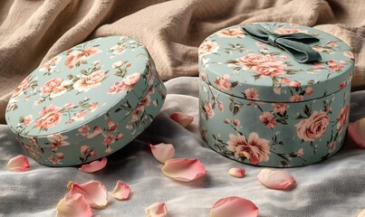 Two floral boxes with scattered rose petals on fabric.