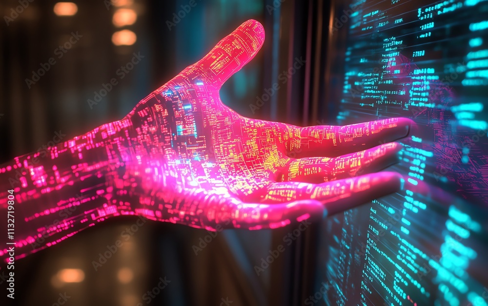 Aufkleber futuristic hand reaching towards a digital screen showcasing code, data, and technology interfaces, 