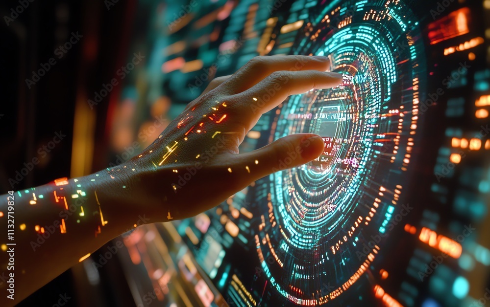 Poster futuristic hand reaching towards a digital screen showcasing code, data, and technology interfaces, 