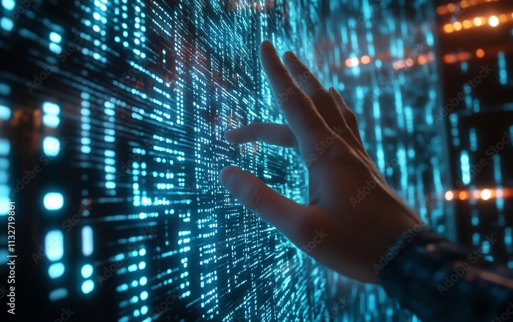 Poster futuristic hand reaching towards a digital screen showcasing code, data, and technology interfaces, 