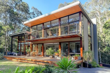 Fototapeta premium Modern eco-friendly house with large glass windows, surrounded by lush greenery and trees, showcasing contemporary architecture and sustainable design in a serene environment