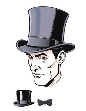 recommend clip art: Realistic top hat clipart set. vintage black gentleman headdress isolated on white background, comic art