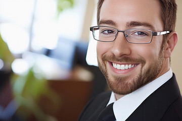 Fototapeta premium Professional man smiling in office setting with glasses