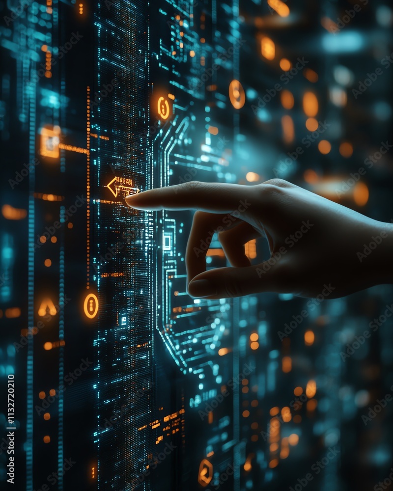 Poster hand touching a futuristic digital interface with flowing streams of code and data, representing the