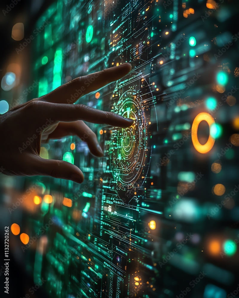 Poster hand touching a futuristic digital interface with flowing streams of code and data, representing the