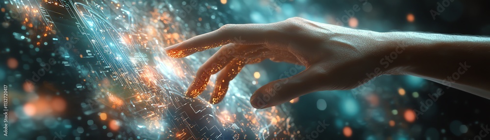 Poster human hand interacting with a digital screen filled with glowing code, data streams, and technology 