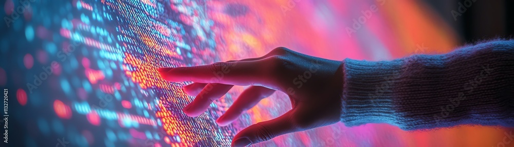 Poster human hand interacting with a digital screen filled with glowing code, data streams, and technology 