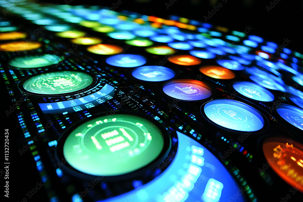 Poster colorful digital interface with glowing circular displays and data streams.
