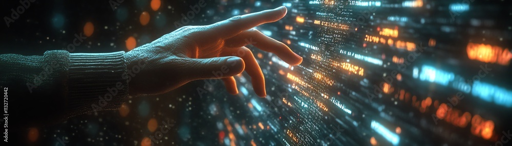Poster human hand interacting with a digital screen filled with glowing code, data streams, and technology 