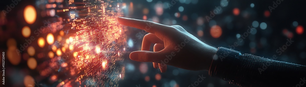 Poster human hand interacting with a digital screen filled with glowing code, data streams, and technology 