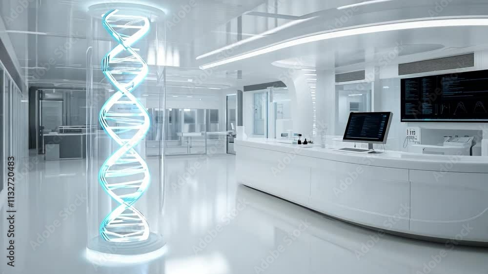 Poster biocomputer technology displayed in a sleek laboratory setting with futuristic design elements