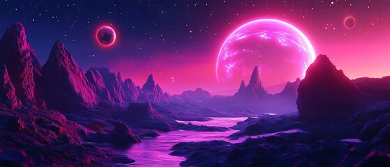 Surreal neon-lit alien landscape featuring vibrant planets, glowing terrain, and star-filled sky &ndash; futuristic 4k sci-fi wallpaper