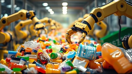 Obraz premium Automated Plastic Recycling: Robotic Arms Sorting on Conveyor Belt