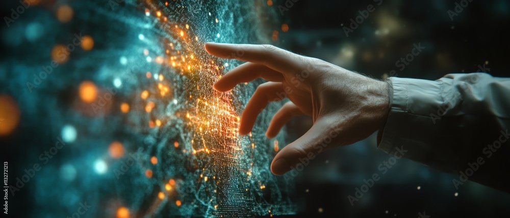 Poster persons hand interacting with a hightech digital screen filled with complex algorithms and live data