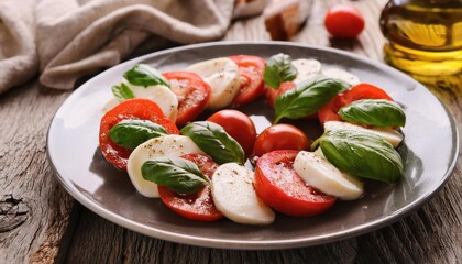 Caprese Salad.Mediterranean salad. Mozzarella cherry tomatoes basil and olive oil on old oak table. Italian cuisine