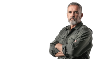 American caucasian middle age male security , confident and arms crossed on white background
