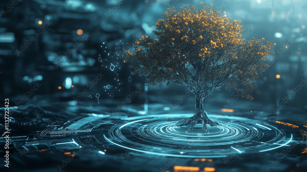 Aufkleber digital tree surrounded by glowing technology in a futuristic setting