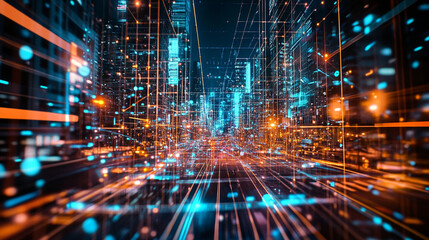 Obraz premium Futuristic cityscape with vibrant lights and digital patterns at night