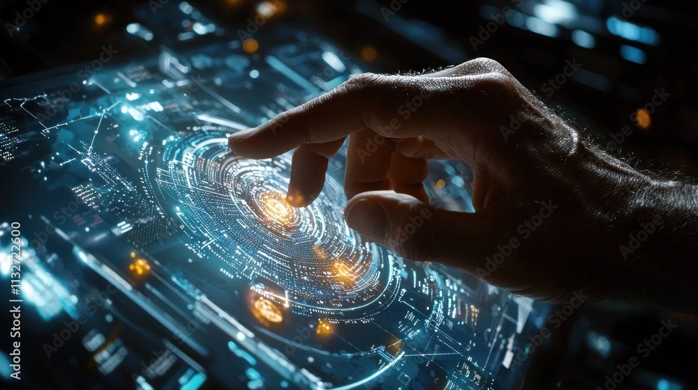 Poster futuristic entrepreneurial decision-making with holographic interface and interactive data visualiza