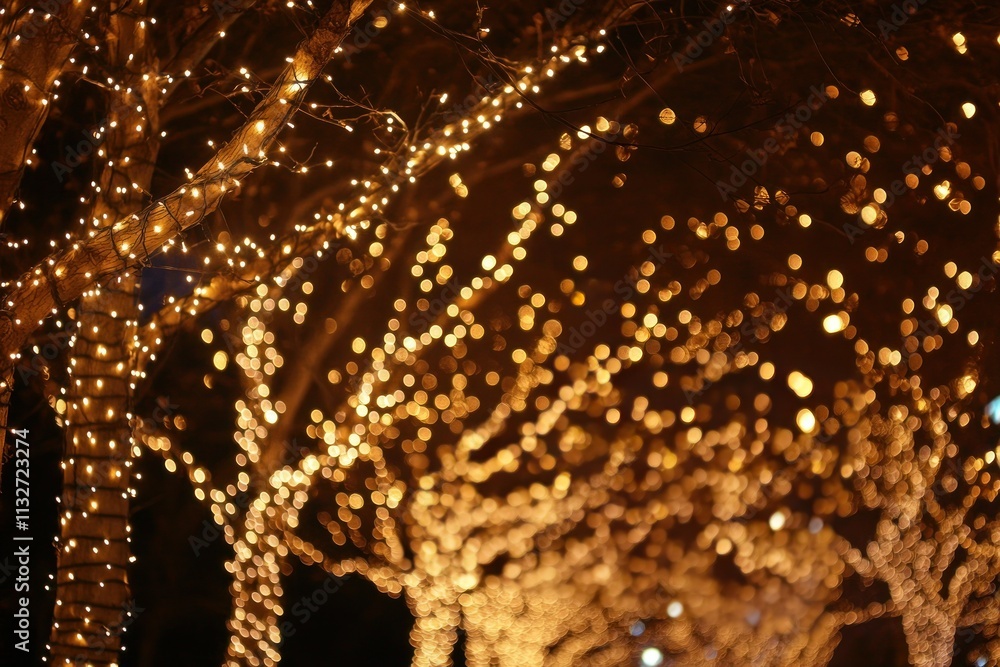 Poster magical evening with sparkling golden fairy lights illuminating trees in a dreamy outdoor setting cr