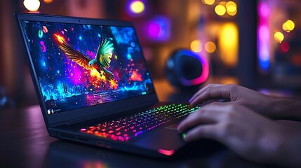 Gamer using RGB laptop with vibrant display.