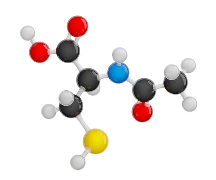 Molecule of Acetylcysteine (NAC). Molecular formula: C5H9NO3S. Chemical model: Ball and Stick. Isolated. Transparent background. PNG transparent. 3D illustration.