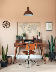 Fototapeta premium Modern Home Office Interior with World Map and Plants