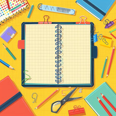 School Supplies with Notebook on Vibrant Yellow Background